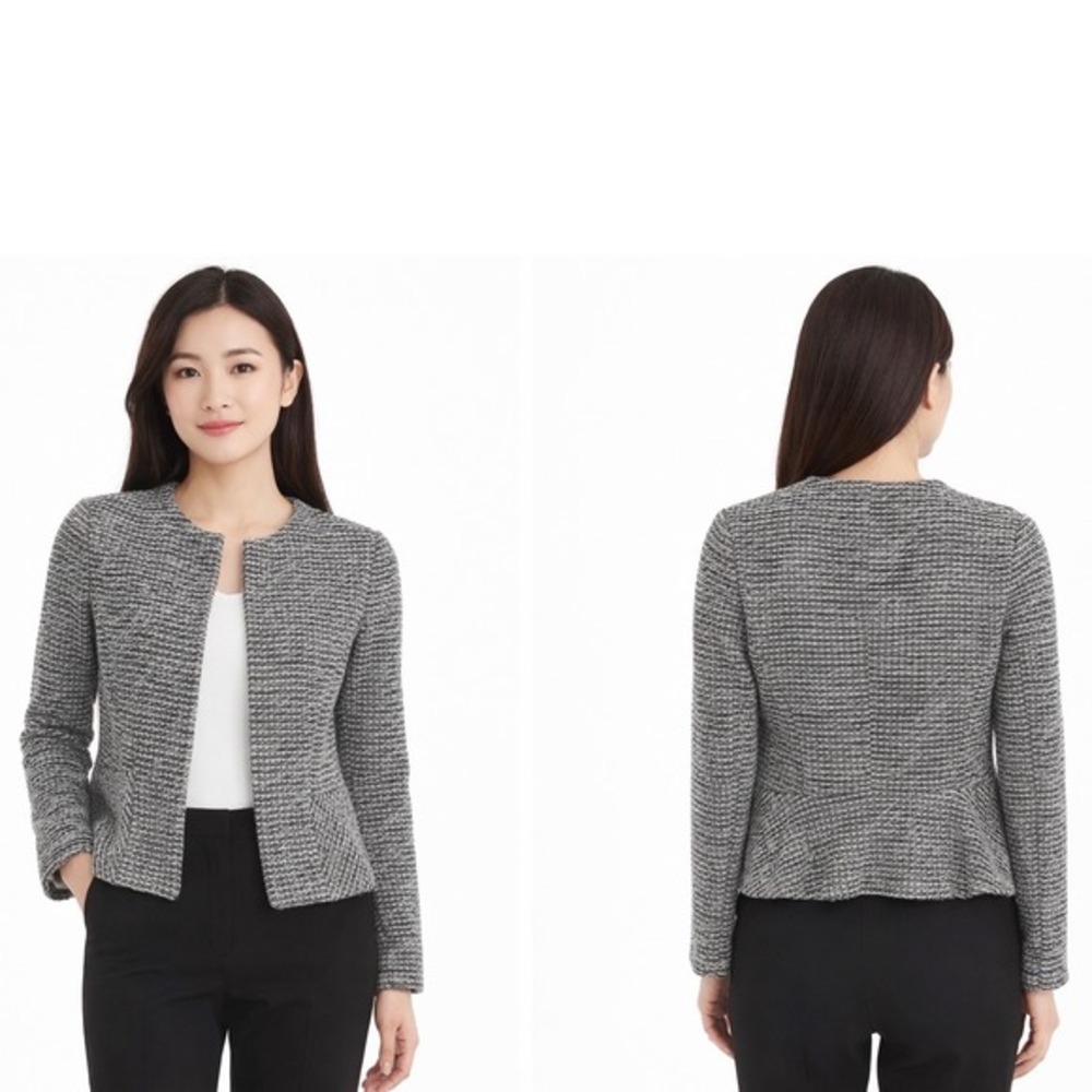 LOFT‎ Black White Tweed Peplum Blazer Jacket M Career Chic Preppy Academia 52-19